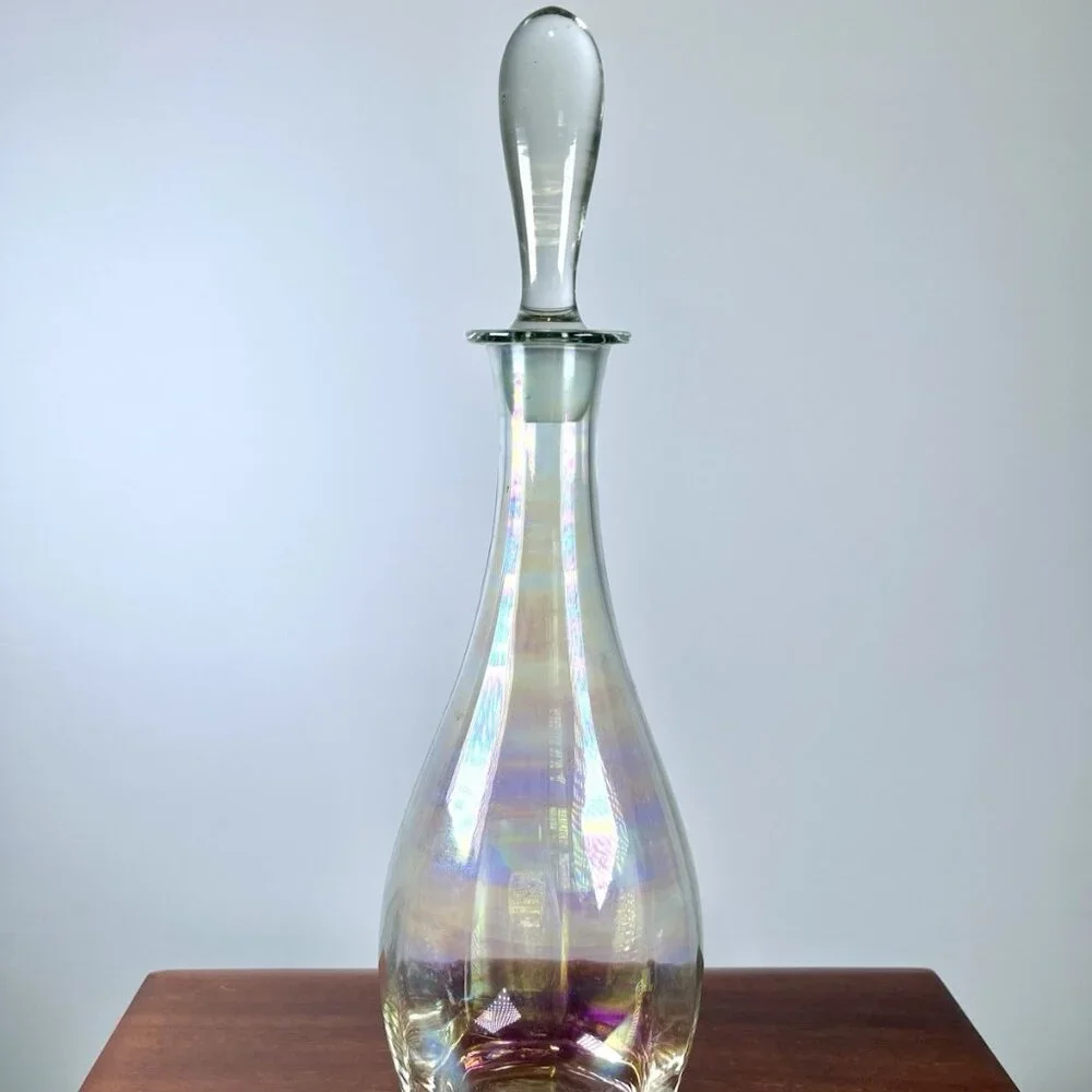 Vintage Iridescent Rainbow Handblown MCM Clear Art Glass Toscany Decanter Genie